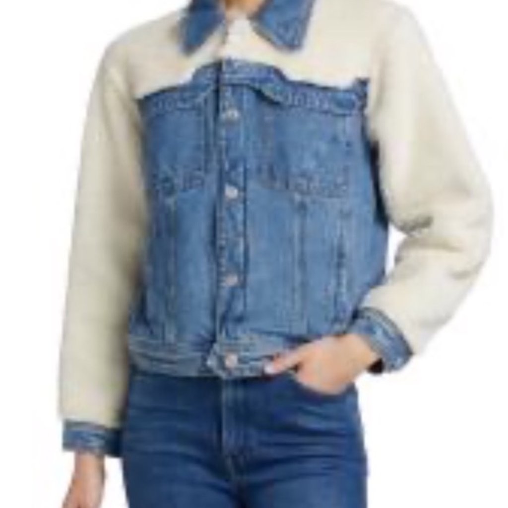 Mother Superior Womens Sherpa Denim Jacket Size 8 Usa-Made Long Taupe Tory Blues